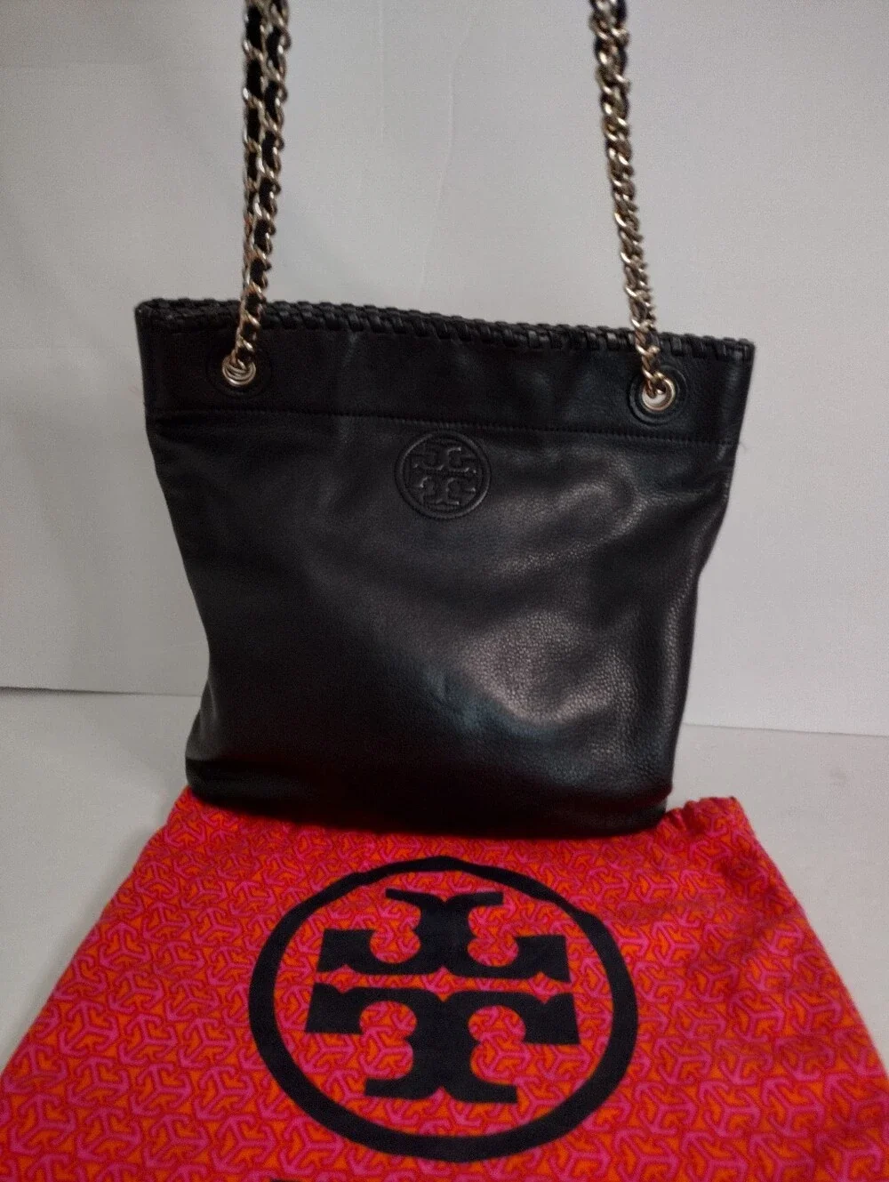 Tory Burch Marion Black Leather Slouchy Tote Hobo Chain Whipstitch W Dust Bag